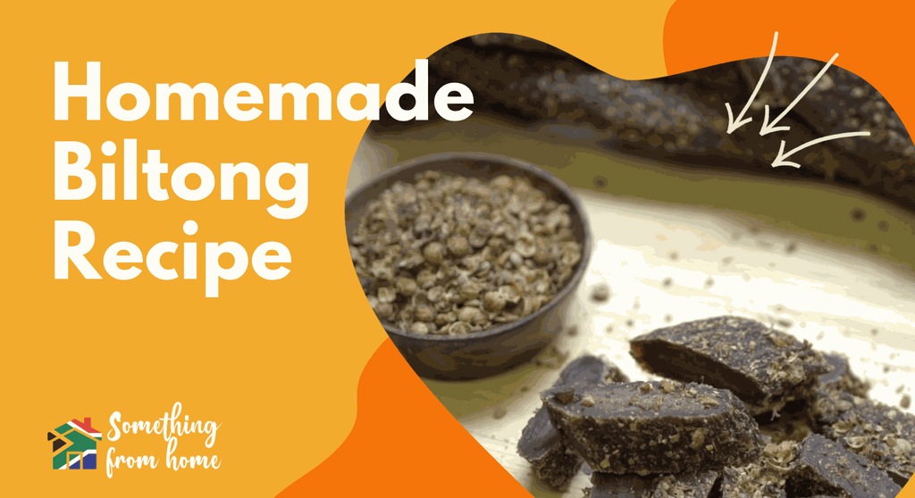 Homemade biltong recipe with dried spiced meat strips on wooden board