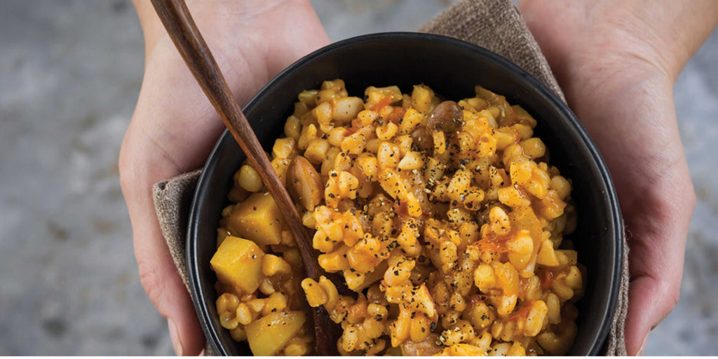 Close-up of a bowl of samp and beans recipe, traditional South African dish