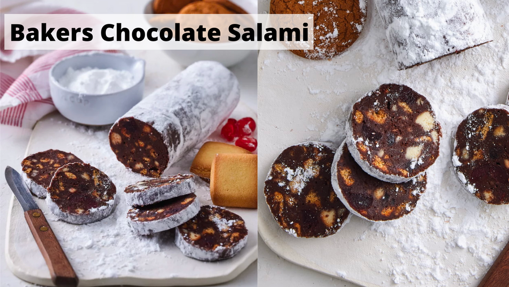 Bakers Chocolate Salami dessert with chocolate and biscuit pieces on a wooden board