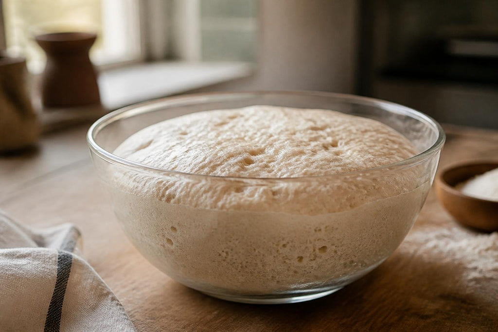 Fermented bread dough with a pale, bubbly surface in a clear glass bowl, illustrating Instant Yeast: The Essential Guide.