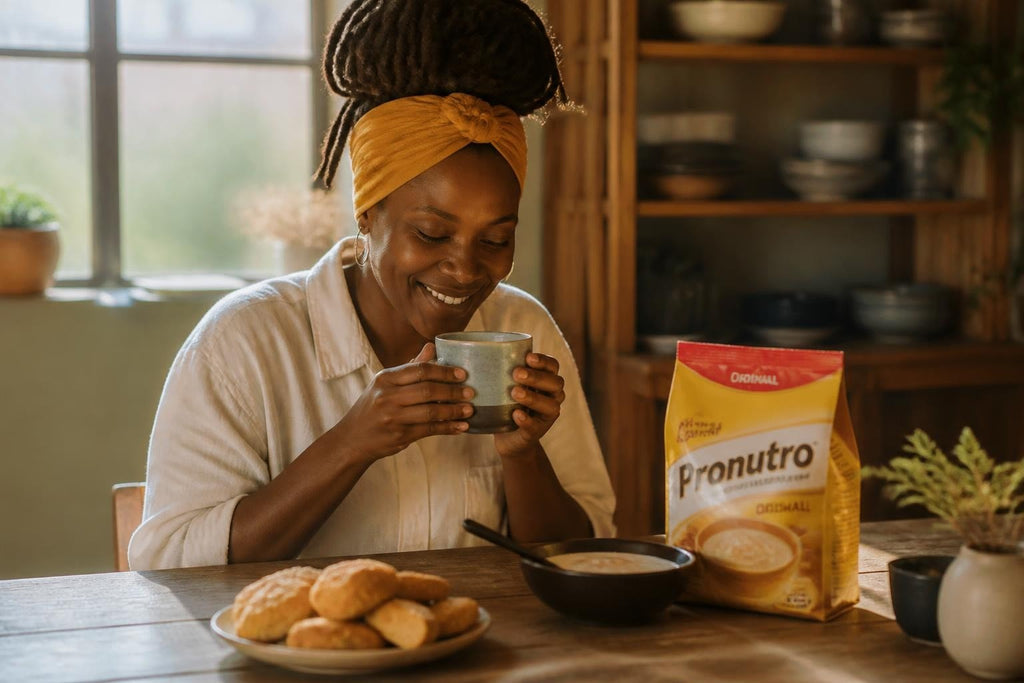 South African Food Culture featuring a woman in a headwrap holding a mug beside a Pronuto cappuccino mix and biscuits.