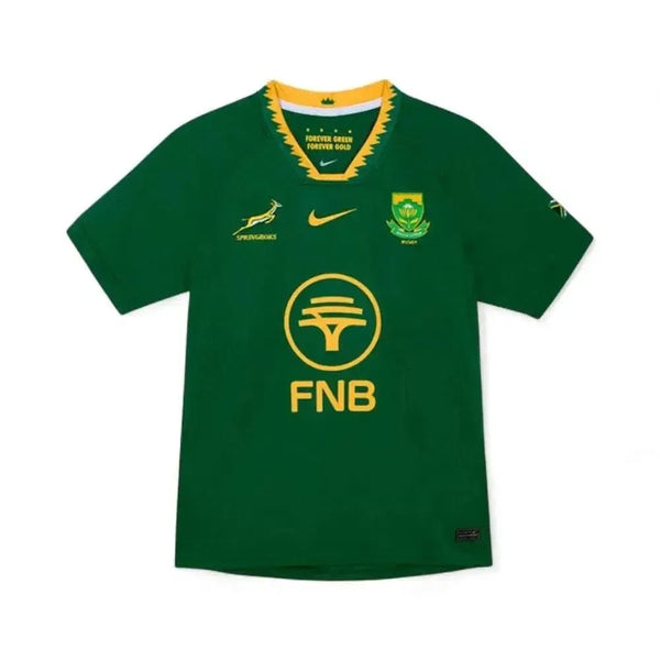 2025 Nike Springboks Home Stadium rugby jersey in green and gold with embroidered Springbok and SA Rugby crest, Nike swoosh, and FNB logo, size 3XL