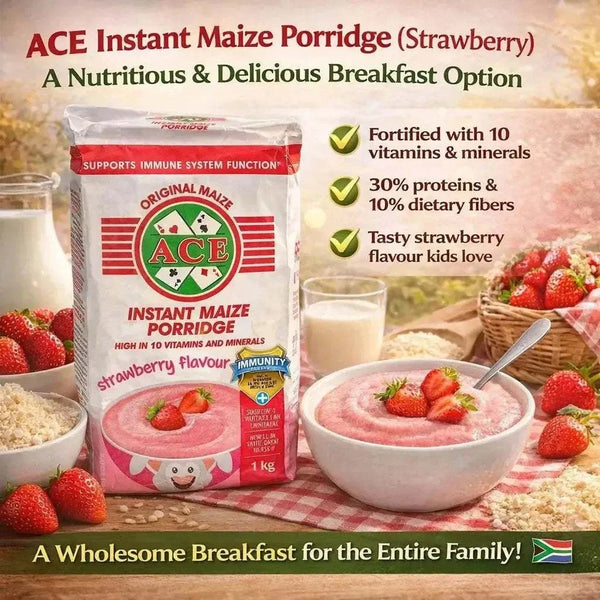 ACE Instant Maize Porridge strawberry flavor 1kg pack with vitamins, proteins, and dietary fibers for nutritious breakfast