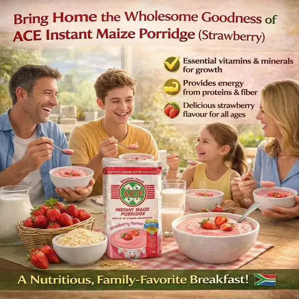 ACE Instant Maize Porridge 1kg pack with strawberry flavor and nutrient-rich formula for energy and growth