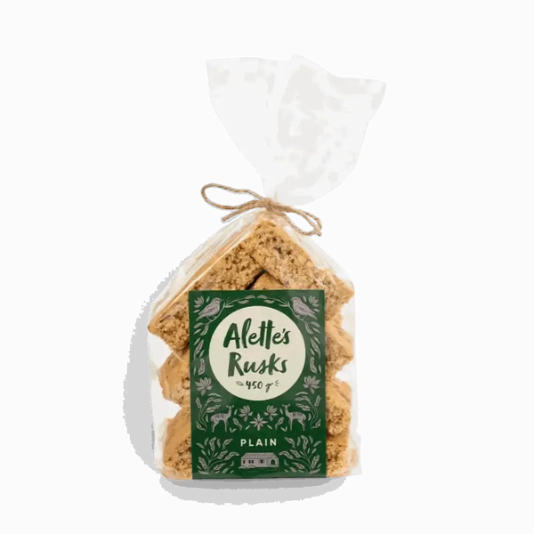 450g pack of Alette’s Rusks Plain bran style in resealable herringbone packaging, South African traditional snack