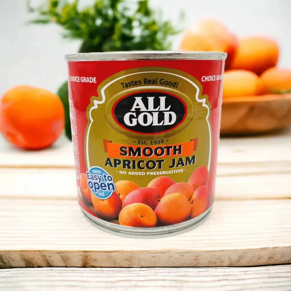 All Gold Smooth Apricot Jam 900g can with apricots in background, no added preservatives, easy to open lid, South African quality