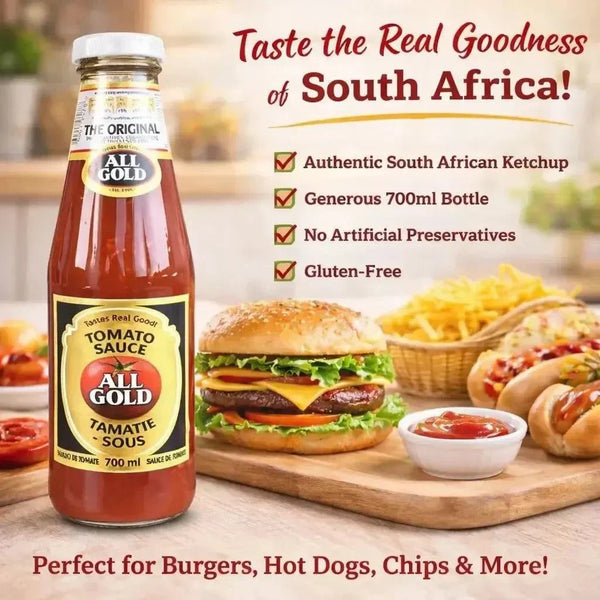 700ml bottle of All Gold Tomato Sauce, authentic South African ketchup, gluten-free, no artificial preservatives