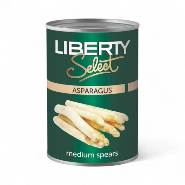 Liberty Asparagus Spears 410g can with medium-sized spears.