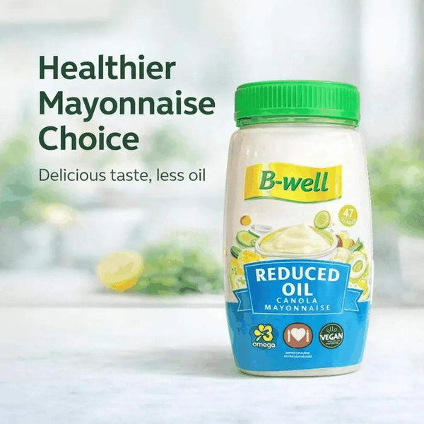 B-Well Reduced Oil Canola Mayonnaise 750g promotional image with less oil wording