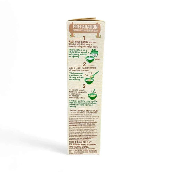 Preparation instructions on the side of the Nestlé Nestum Baby Cereal Banana box, 200g.