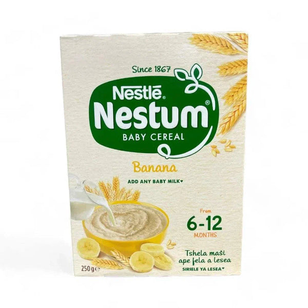 Nestlé Nestum Banana Baby Cereal box, 200g, for infants aged 6-12 months.