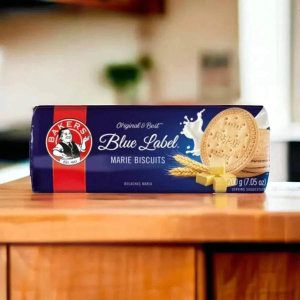 Bakers Blue Label Marie Biscuits 200g pack on a wooden kitchen counter.