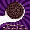 Bakers Choc-o-Break Chocolate Biscuits with vanilla cream on purple and white swirled background.