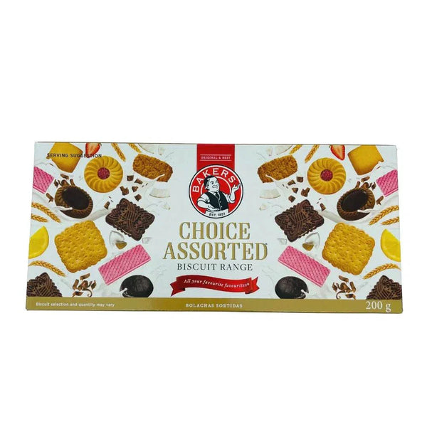 Bakers Choice Assorted biscuits 200g box with variety of cream-filled and flavored cookies