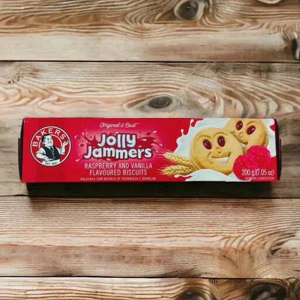 Bakers Jolly Jammers Biscuits raspberry flavored cream-filled snack pack 200g