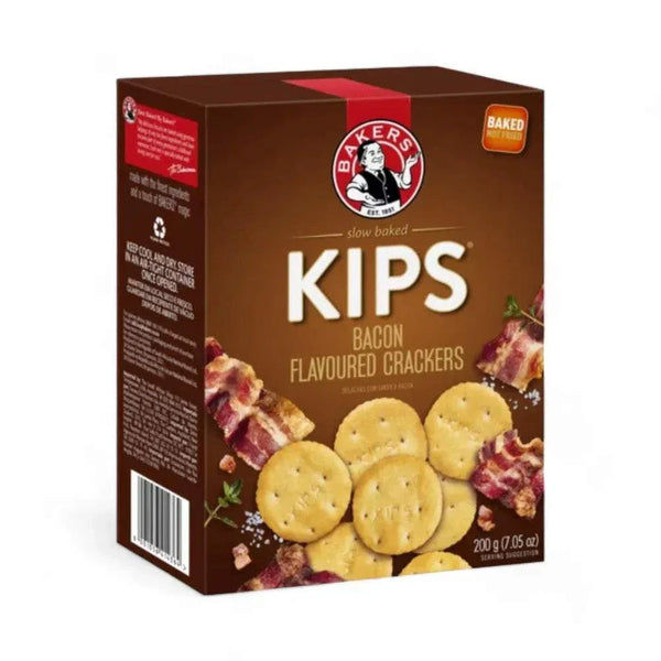 Bakers Pyotts Kips Bacon Flavoured Crackers 200g packaging.