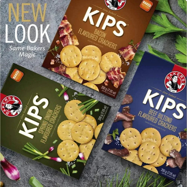 Bakers Pyotts Kips Bacon Flavoured Crackers - 200g packaging with bacon slices and crunchy crackers.