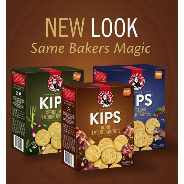 Bakers Pyotts Kips Bacon Flavoured Crackers - 200g packaging with other flavor variants displayed.