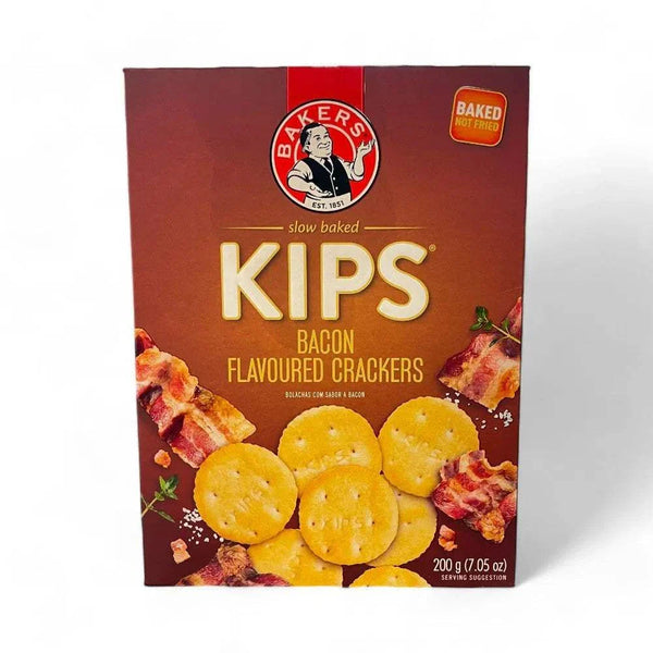 Bakers Pyotts Kips Bacon Flavoured Crackers packaging, 200g box.