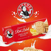 Bakers Red Label Lemon Creams biscuits 200g pack with vanilla exterior and tangy lemon cream filling on red background