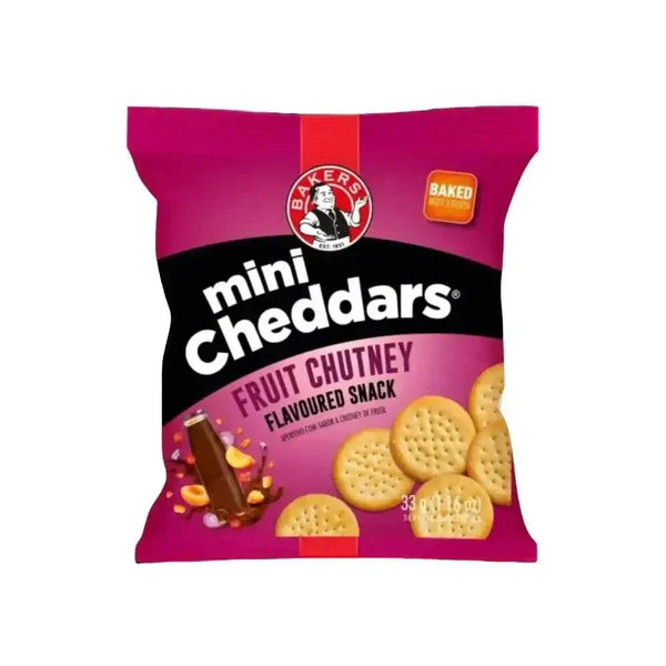 Bakers Mini Cheddars multipack with fruit chutney flavor, six 33g packs for savory and sweet snacking