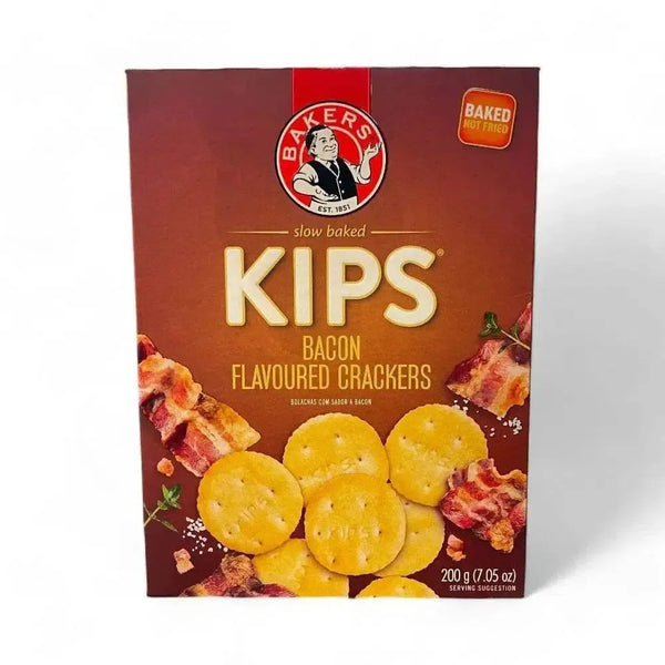 Bakers Pyotts Kips Bacon Flavoured Crackers 200g pack with savory biltong flavor and crunchy texture