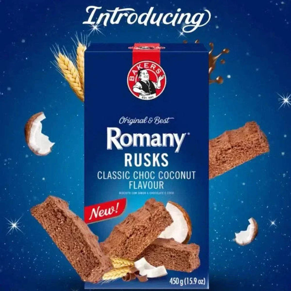 Bakers Romany Classic Choc Coconut Flavour Rusks 450g packaging with rusks and coconut pieces.