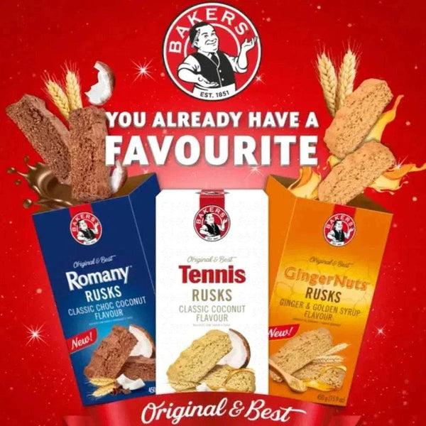 Bakers Romany Classic Choc Coconut Rusks 450g package with chocolate and coconut imagery.