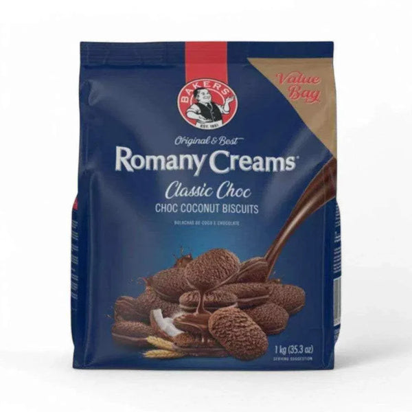 Bakers Romany Creams Classic Choc 1kg value bag, chocolate coconut biscuits.