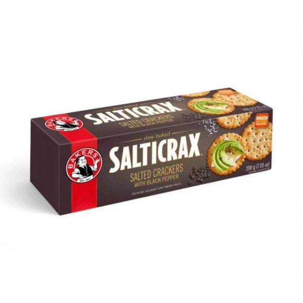 Bakers Salticrax Black Pepper Crackers 200g box packaging.