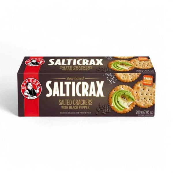 Bakers Salticrax Black Pepper Crackers 200g box with black pepper seasoning and avocado topping illustration.