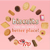 Assorted biscuits forming a circle around the word biscuits on a pink background celebrating 170 years of Bakers brand