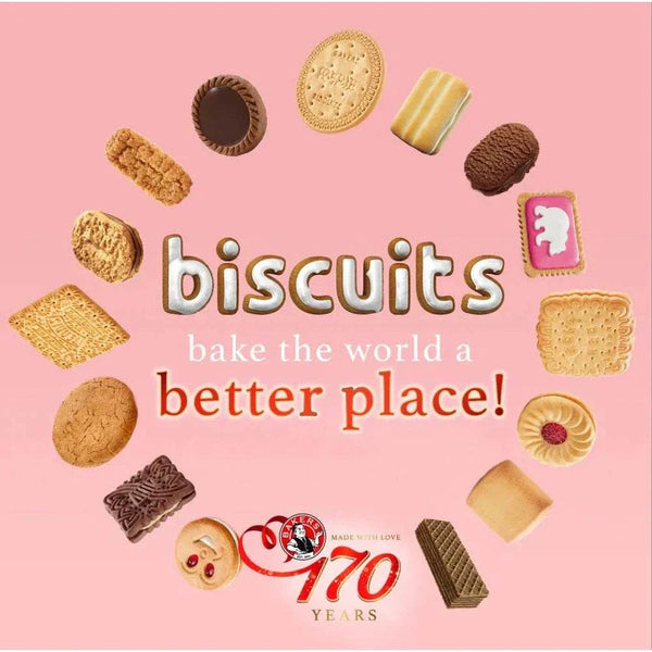 Assorted biscuits forming a circle around the word biscuits on a pink background celebrating 170 years of Bakers brand