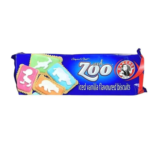 Bakers Zoo Biscuits 150g with colorful iced animal shapes on packaging.
