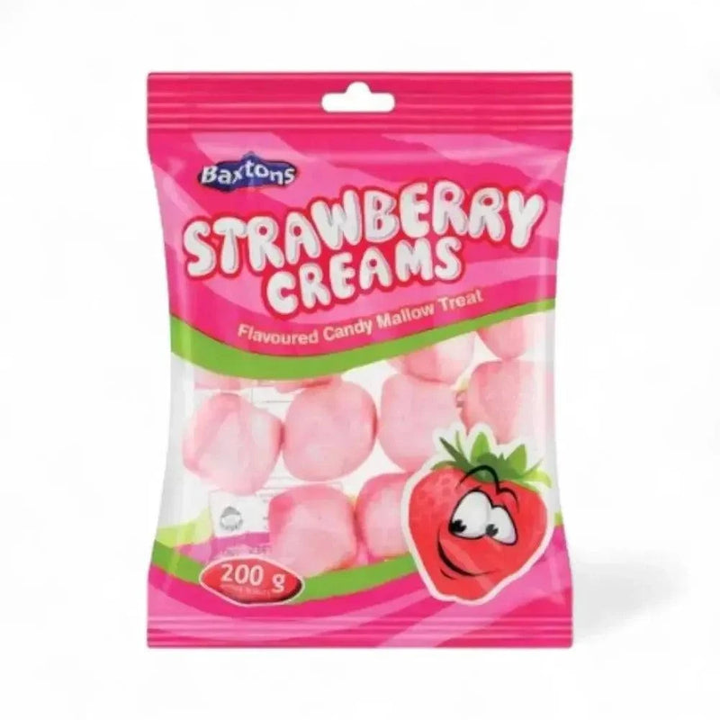 Baxtons Strawberry Creams flavoured candy mallows in a pink 200g package.