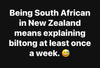 Text graphic saying Being South African in New Zealand means explaining biltong at least once a week with smiling emoji