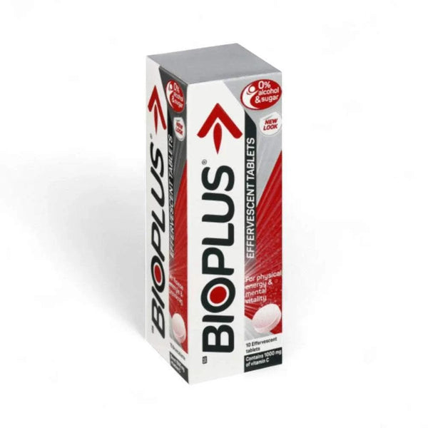 Box of Bioplus Effervescent Tablets 10's with caffeine and 1000 mg Vitamin C for energy and immune support, sugar-free and alcohol-free.