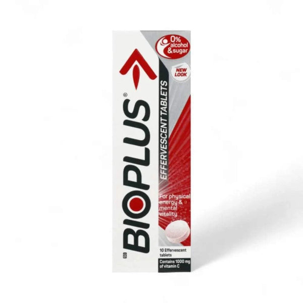 Bioplus Effervescent Tablets pack of 10 for energy boost with 1000 mg Vitamin C, caffeine, sugar-free and alcohol-free.