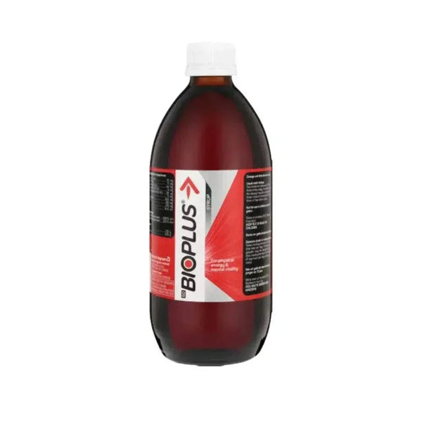 Bioplus Syrup 500ml bottle for energy, focus, and fatigue relief with caffeine and B vitamins