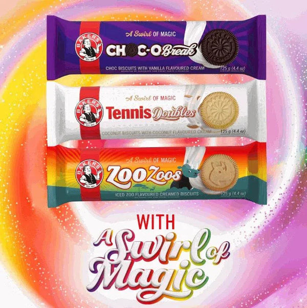 Bakers Choc-o-Break chocolate biscuits 125g with vanilla cream, colorful packaging with 'A Swirl of Magic' text.