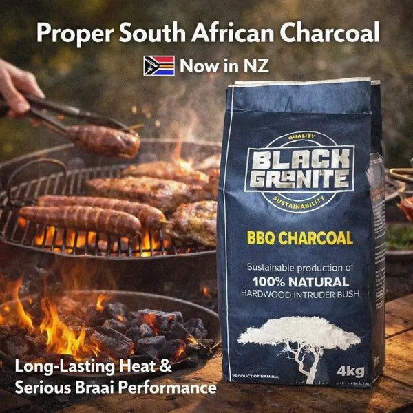 4kg bag of Black Granite Charcoal made from 100% natural hardwood, ideal for South African braais with long-lasting heat and minimal smoke