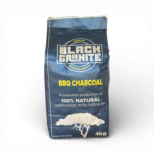 4kg bag of Black Granite Charcoal made from 100% natural hardwood, ideal for South African braais with long-lasting, low-smoke heat
