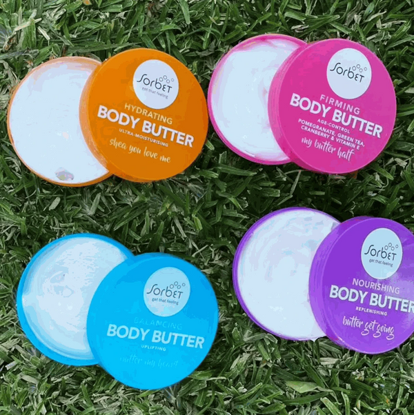 Nourishing Sorbet Body Butter 400ml with dragon fruit and argan oil, enhancing skin care routine.