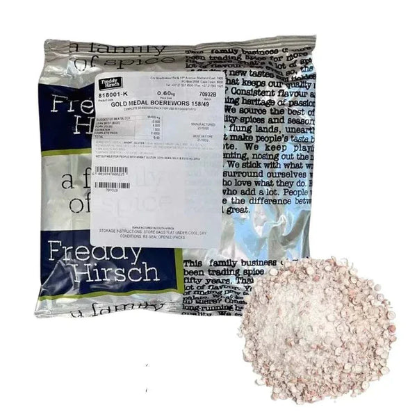 Freddy Hirsch Boerewors Gold Medal 600g seasoning packet with coarse spice mix for traditional South African sausage