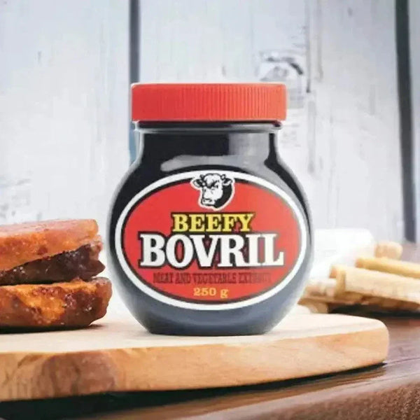 Bovril Beef and Yeast Extract 250g jar with rich meaty flavor, versatile for drinks, spreads, and cooking.
