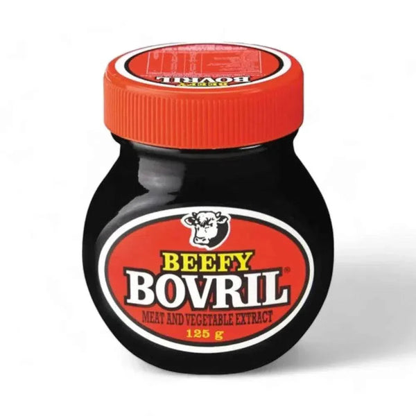 Beefy Bovril 125g jar of beef and yeast extract spread with an orange lid and black container for cooking and hot beverages.