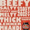 Beefy Bovril jar with bold words like thick, salty, gooey, and savory on red background