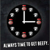 Black clock with Bovril jars and cow icons as hour markers and text "Always time to get beefy" promoting Bovril beef and yeast extract.