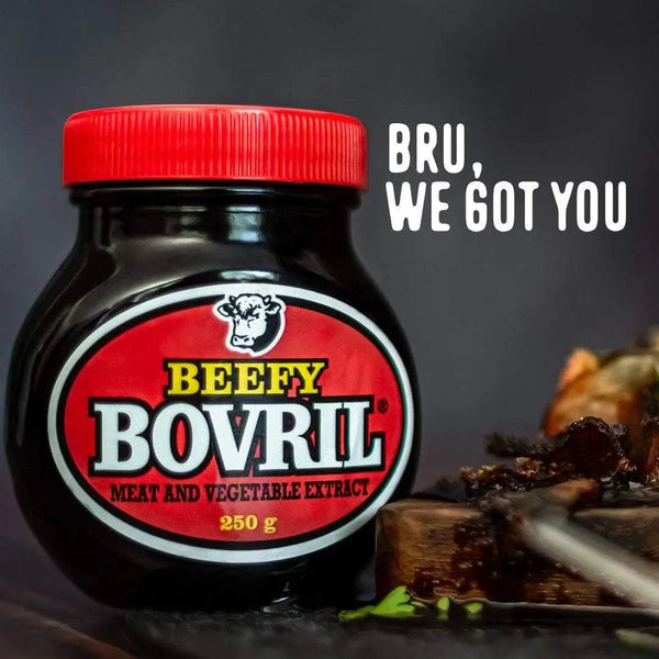 Jar of Beefy Bovril meat and vegetable extract with a red lid on a dark surface with text "BRU, WE GOT YOU" in the background