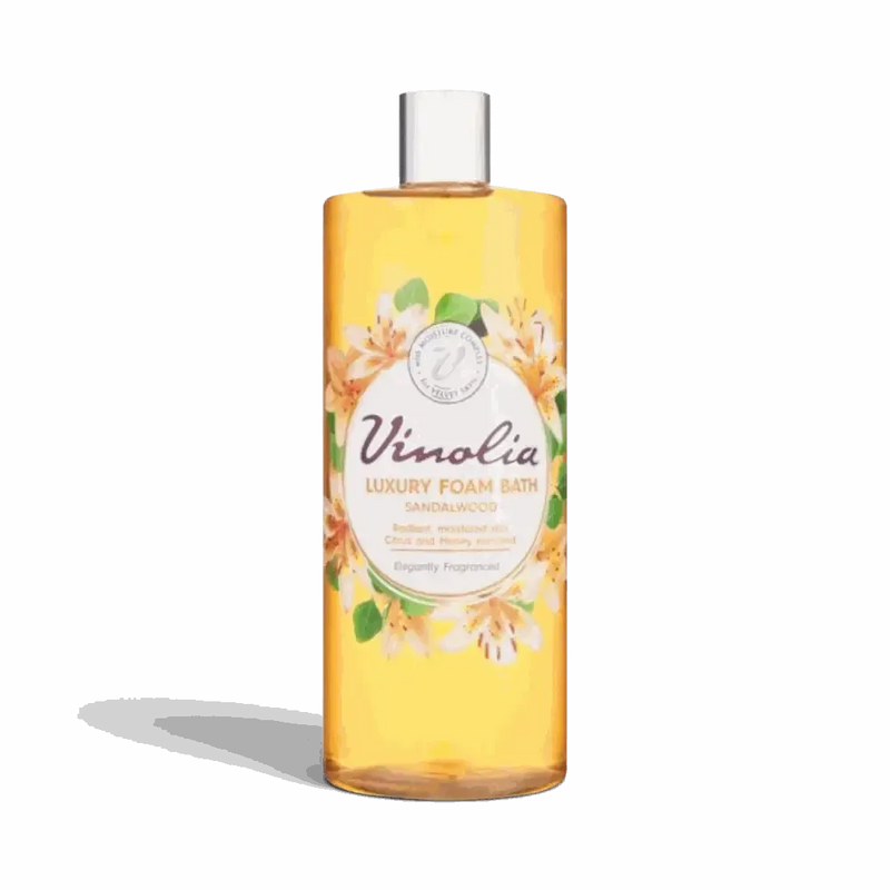 Vinolia Foam Bath 1L bottle with sandalwood fragrance for luxurious bubble bath